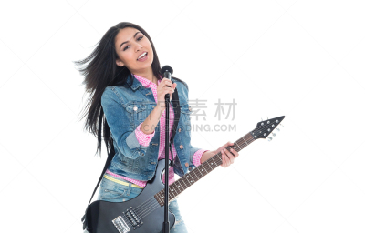 女性,自然美,粗斜纹棉布,衣服,背景分离,拉美人和西班牙裔人,吉他,影棚拍摄,仅女人,仅一个女人