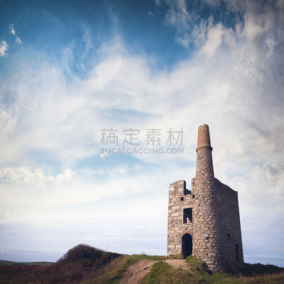被抛弃的,英格兰,康沃尔,建筑外部,矿井,云,英国,采矿业,废墟,烟囱