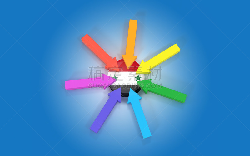 Syrian Flag is Pointed By 3D Mukti Colored Business Chart Arrow Signs Against Blue Background