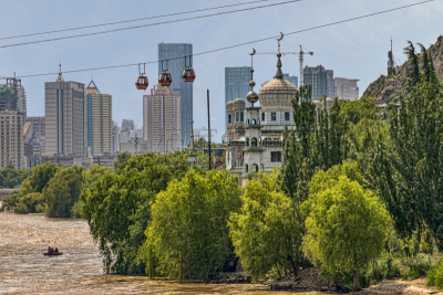 兰州,都市风景,黄河,清真寺,航拍视角,电车轨道,空中缆车,公园,现代,著名景点