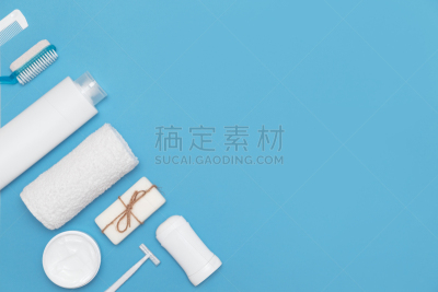 平铺,商品,白色,卫生,身体保养,梳妆用品,蓝色背景,留白,包装