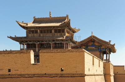 嘉峪关市,山口,甘肃省,丝绸之路,明朝风格,了望塔,天空,水平画幅,墙,无人