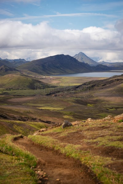 湖,小路,河流,山谷,山,绿色,冰岛国,徒步旅行,风景