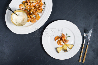 盘子,精制虎虾,白色,菠萝,热,海老寿司,酱汁,裹面包屑,沙拉,自制的