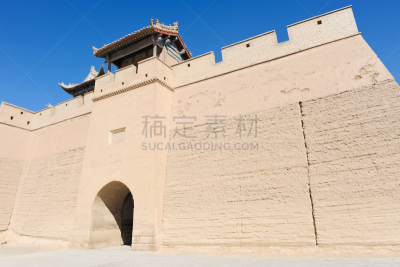 甘肃省,丝绸之路,明朝风格,了望塔,天空,水平画幅,墙,无人,古老的,东亚
