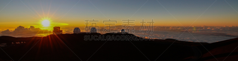 全景,莫纳亚克火山,夏威夷大岛,天文台,山,日落
