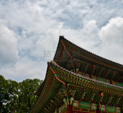 传统,韩国,宫殿,贞德,华丽的,旅途,过去,云,著名景点,古典式