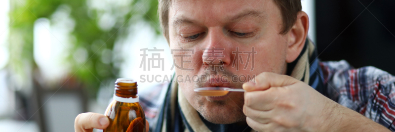 糖浆,男人,肖像,手,拿着,小瓶,生病