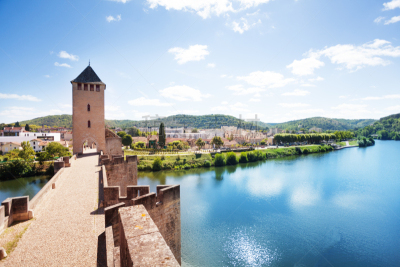 Lot river, Cahor town from Valentre bridge France