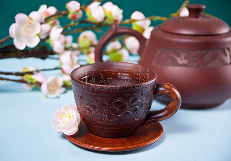 褐色,茶,杯,茶壶,花朵,东方人,枝,樱之花,樱桃