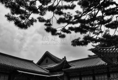 传统,韩国,宫殿,黑白图片,贞德,华丽的,旅途,过去,云,著名景点