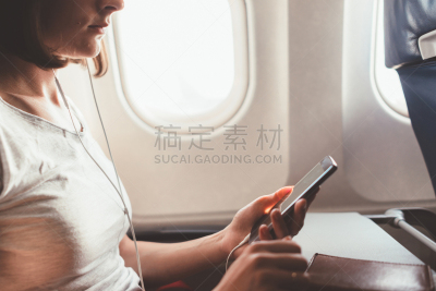 女孩,手,电话机,飞机,旅游目的地,女人,旅途,客舱,技术