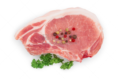 白色背景,看风景,欧芹,生食,切片食物,猪肉,分离着色,平铺,蛋白质,骨骼