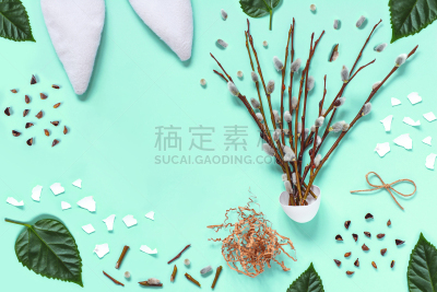复活节,人的耳朵,叶子,春天,枝,野兔,概念,绿色,轻的,平坦的