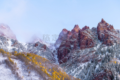 阿斯彭,玛尔露恩贝尔峰,红色,秋天,风景,冬天,驼鹿,洛矶山脉,雾,雪