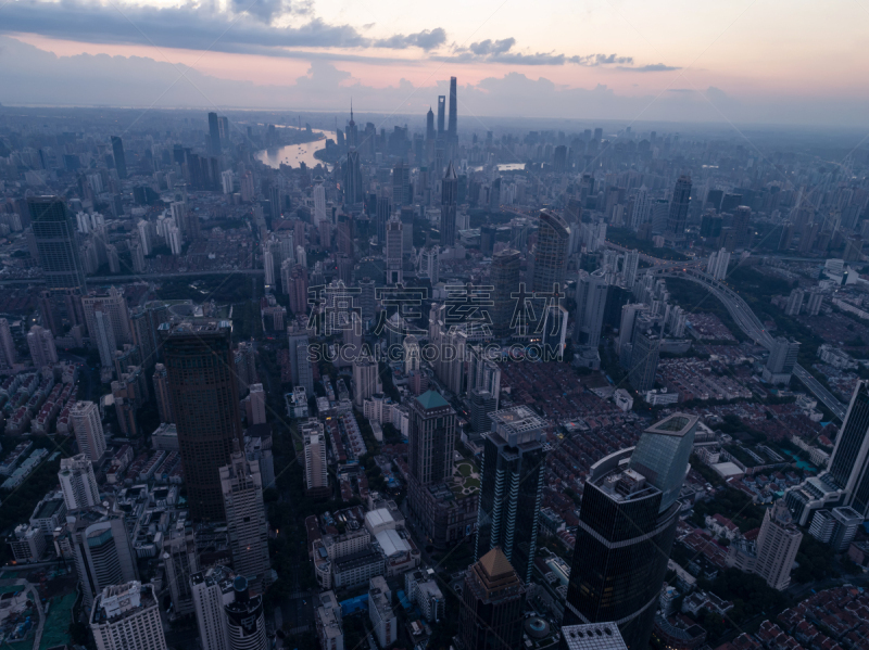 商务,都市风景,居住区,黎明,上海,航拍视角,平衡折角灯,西,南京路,交通