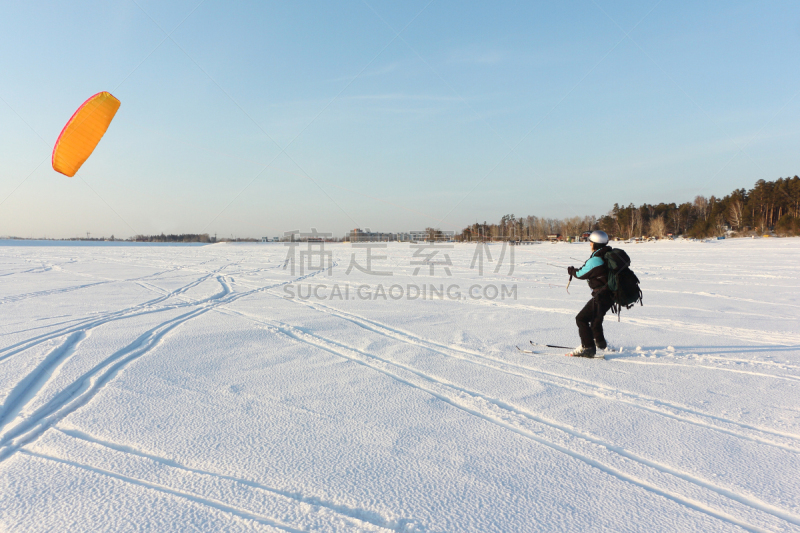 冻结的,雪地滑翔,俄罗斯,男人,水库,忙碌,新西伯利亚