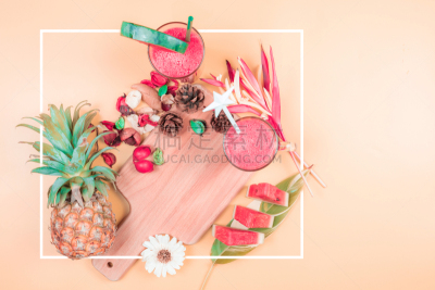 清新,西瓜,水果,夏天,极简构图,概念,菠萝,黄色背景,季节