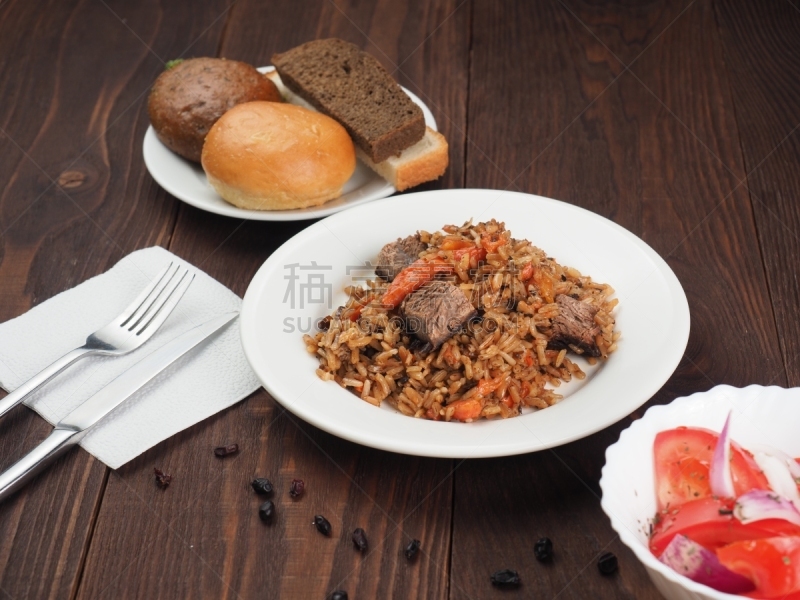 米,蔬菜,肉,盘子,桌子,木制,热,焖菜,餐具,乡村风格
