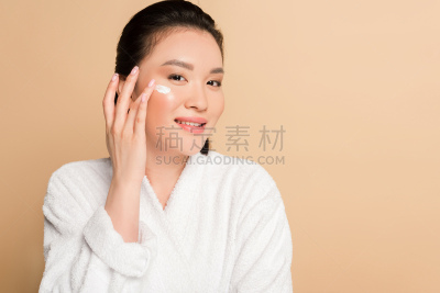 浴衣,米色背景,面霜,自然美,女人,一个人,健康,青年女人,化妆用品,仅一个青年女人