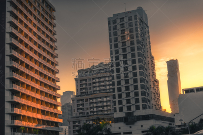 建筑外部,伦敦城,商务,热,倾斜视角,曙暮光,人类居住地,泰国,橙色,黄昏