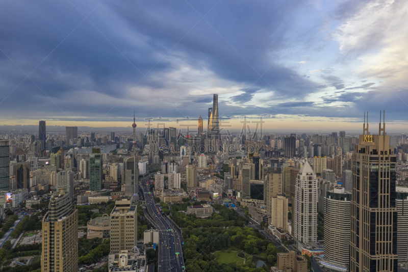 上海,航拍视角,全景,黎明,天空,度假胜地,水平画幅,银行,云,无人