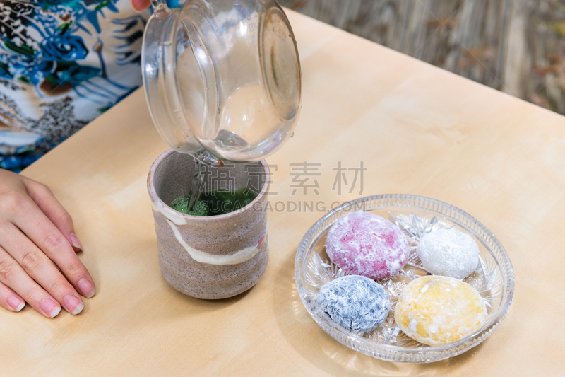 日本点心,茶杯,甜点心,日本人,木制,绿茶,桌子,绿色,倒