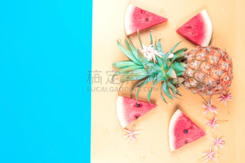 清新,西瓜,平铺,水果,夏天,极简构图,概念,菠萝,季节