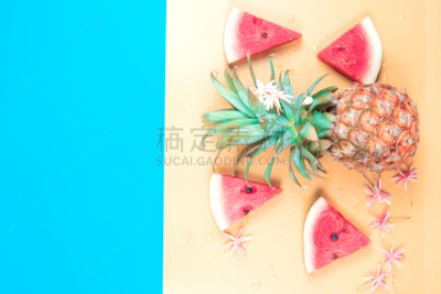 清新,西瓜,平铺,水果,夏天,极简构图,概念,菠萝,季节