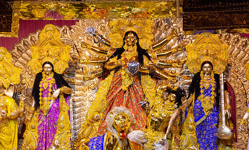 durga puja festival,杜尔迦,加尔各答,印度教女神,钻石形,黄金,贞德,名声,肖像,人的眼睛