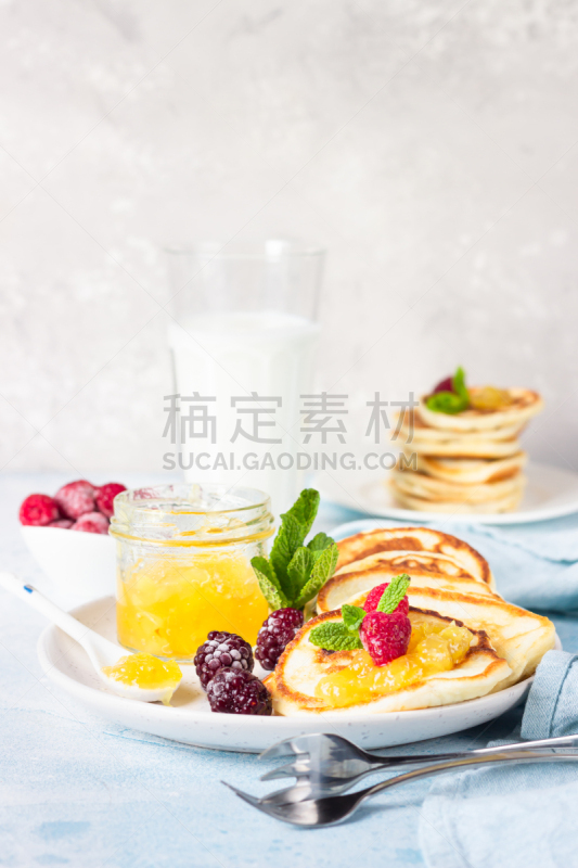 橙色,黑刺莓,浆果,牛奶,冻结的,薄烤饼,石材,早餐,覆盆子,小吃