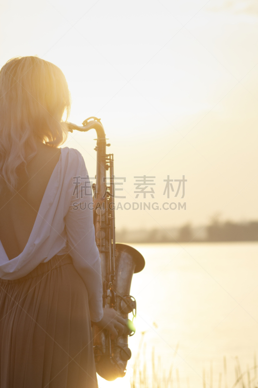 自然,黎明,女人,萨克斯,进行中,音乐,青年人,河岸,剪影,放松