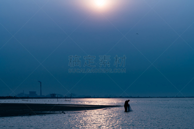 海景,男人,日出,钓鱼,剪影