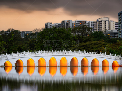新加坡,东方石景花园,桥式,城市生活,黄昏,中式庭院,著名景点,河流,户外,天空