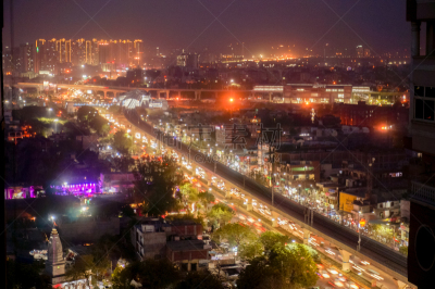 德里,黄昏,都市风景,夜晚,诺伊达,航拍视角,班加罗尔,斋浦尔,汽车,光轨
