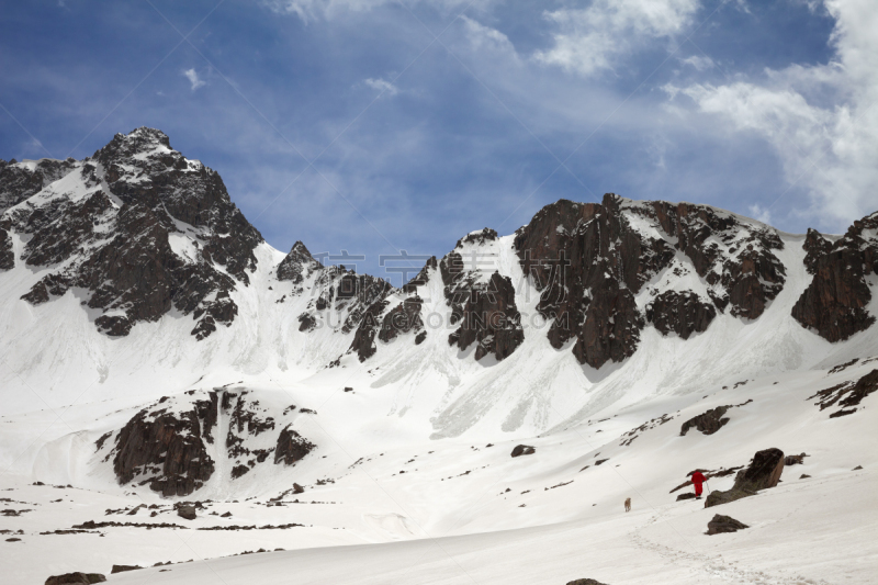 徒步旅行,山,雪,高原,高处,狗,日光,红色,白昼,剪影