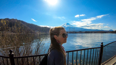 日本,富士山,风景,湖,女人,站,挨着
