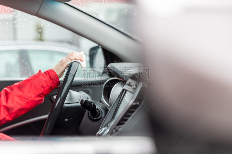 方向盘,女人,汽车,湿,清洗,擦,做