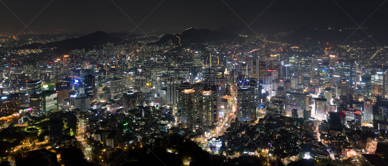 城市生活,韩国,城市,首尔,夜晚,全景,航拍视角,中环,商务,照明设备