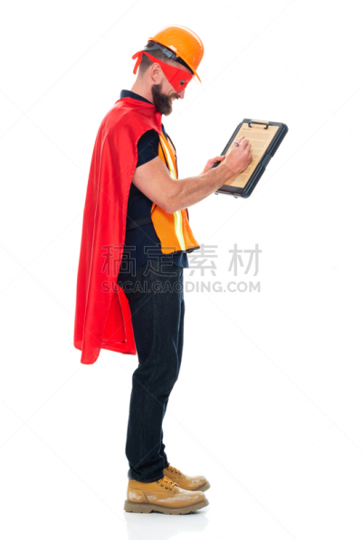 拿着,靴子,男性,合同,衣服,检查表,背景分离,面具,仅男人,建筑承包商