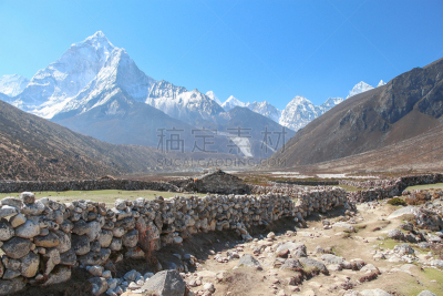 山谷,阿马达布朗峰,山,喜马拉雅山脉,山顶,在上面