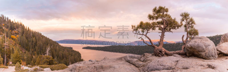 全景,岩石,太浩湖,翡翠湾州立公园,风景,在上面,日落,生长,监视,树