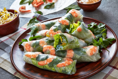 莴苣,塞满了的,春卷,生食,虾,糯米纸,米粉,薄荷,东方食品,酱汁