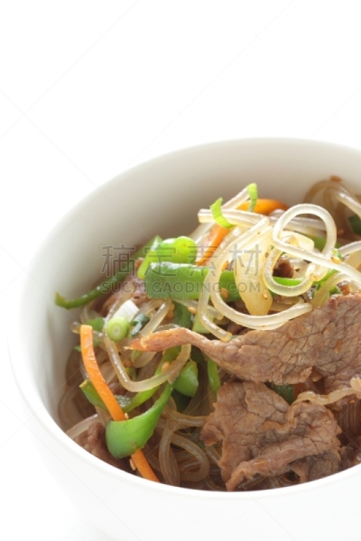 韩国食物,蔬菜,粉丝,牛肉,碗,肉,白色背景,垂直画幅,主食,食品