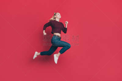紧迫,女人,表现积极,彩色背景,侧面视角,分离着色,跳,促销,摄影,希望