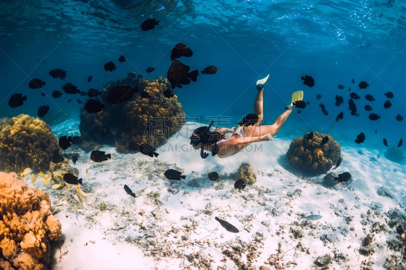 女人,自由潜水,浮潜,海洋,毛里求斯,蓝色,脚蹼,黄色,游泳,覆盖