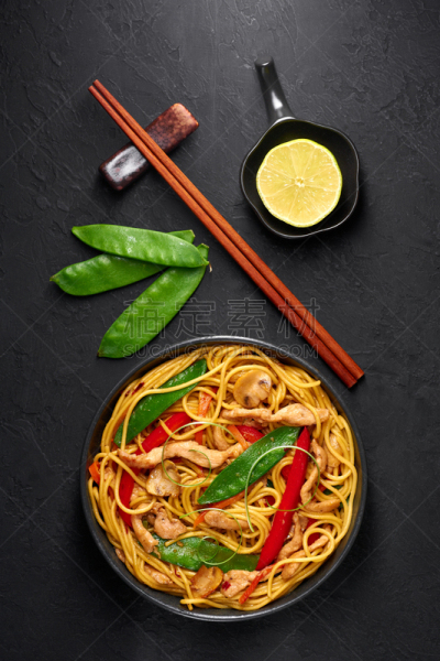 蔬菜,食品,中国食品,捞面,碗,面条,鸡肉,石片,黑色