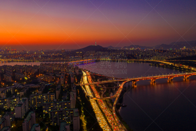 韩国,市区,汉江,横越,南山塔,桥,城市,城市天际线,首尔,航拍视角
