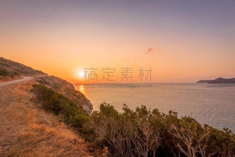 克里特岛,夏天,斯皮纳隆加,黎明,岛,曙暮光,希腊,橙色,黄昏,海岸线