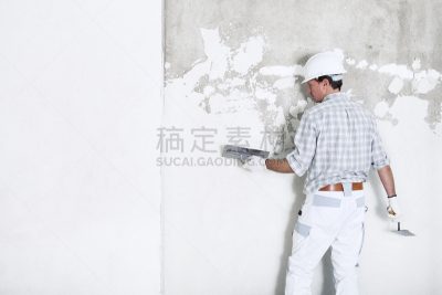 墙,男人,抹灰工,灰膏,白色,留白,泥铲,室内,分离着色,工作
